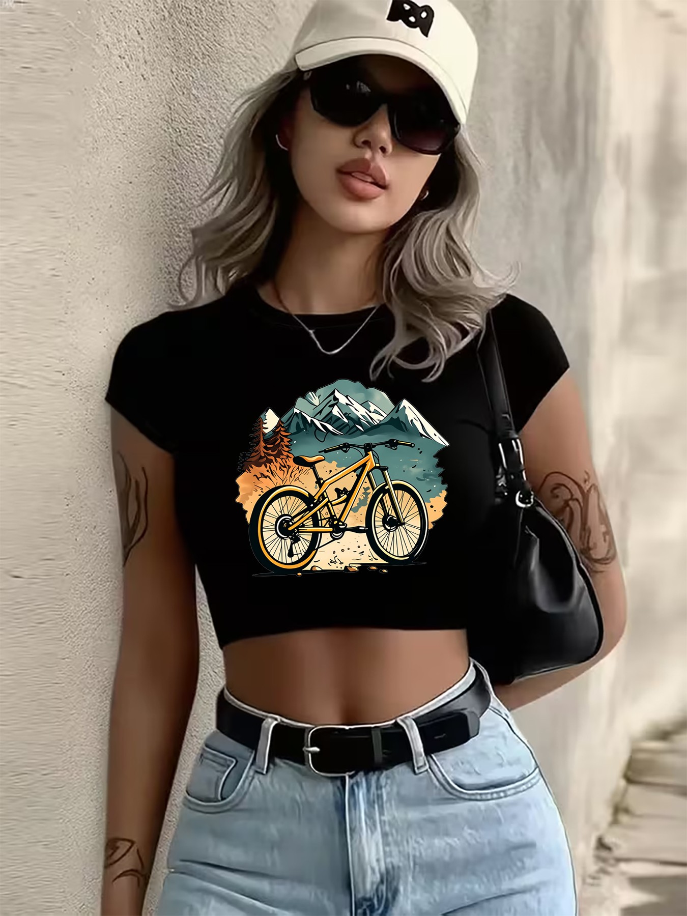 Mountain Biking Outfits Women - เสื้อยืดธีมจักรยานเอวสูงสำหรับผู้หญิง - เสื้อครอปพิมพ์ลายจักรยานเสือภูเขาแขนสั้น คอกลมยืดได้ เหมาะสำหรับใส่ลำลองในฤดูร้อน ชุดลำลอง